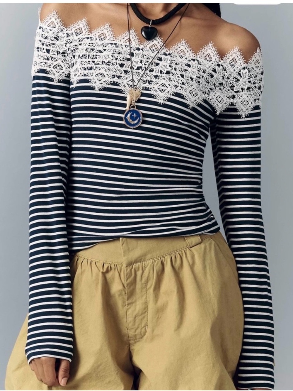 Maeve Black & White Striped Lace Off-Shoulder Long Sleeve Top